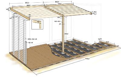Build a wooden deck with louvered roof